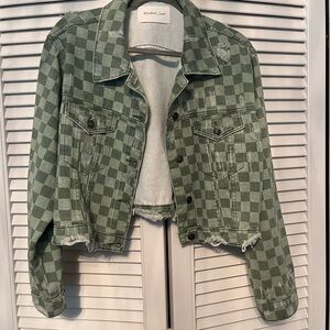 Distressed Green Checkered Denim Cropped jacket